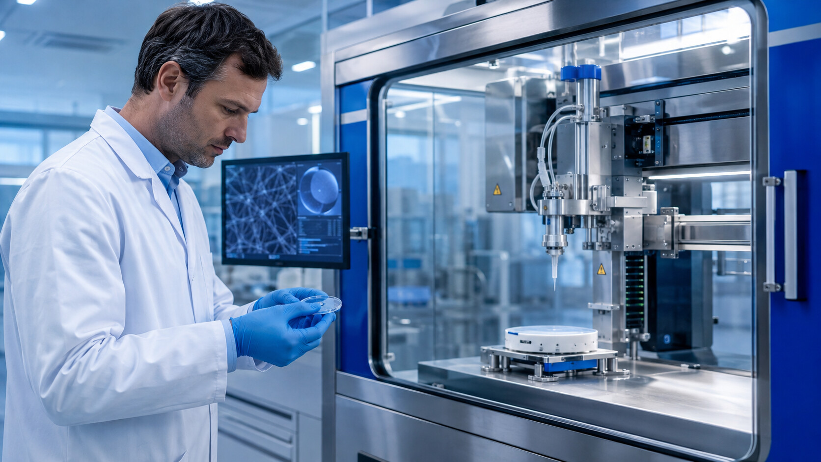 Biomedical doctor producing a transparent ocular tissue scaffold with an enclosed electrospinning machine