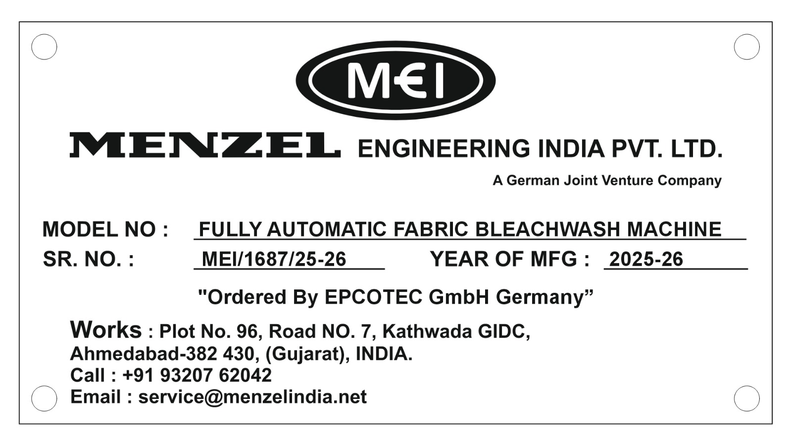 Project manufacturing label showing equipment ordered by EPCOTEC