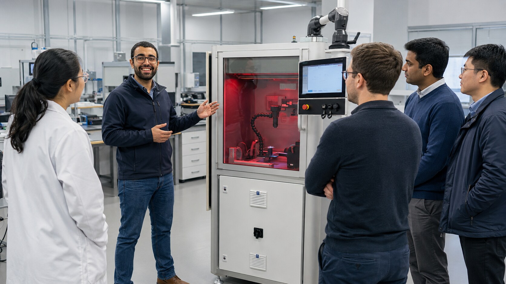 EPCOTEC engineer explaining the nanofiber system to technical visitors