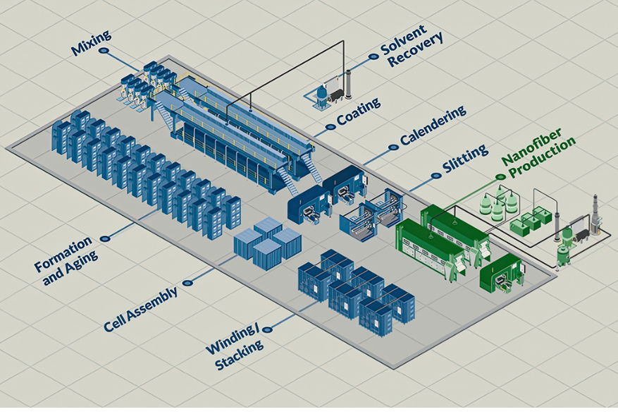 Integrated industrial nanofiber production site concept