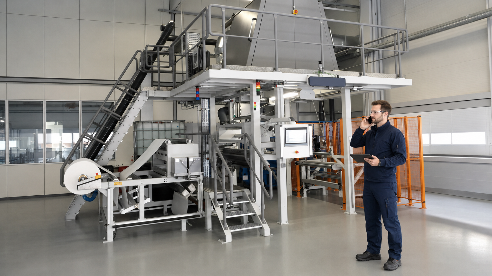 EPCOTEC technical engineer discussing a plasma process beside the R&D system