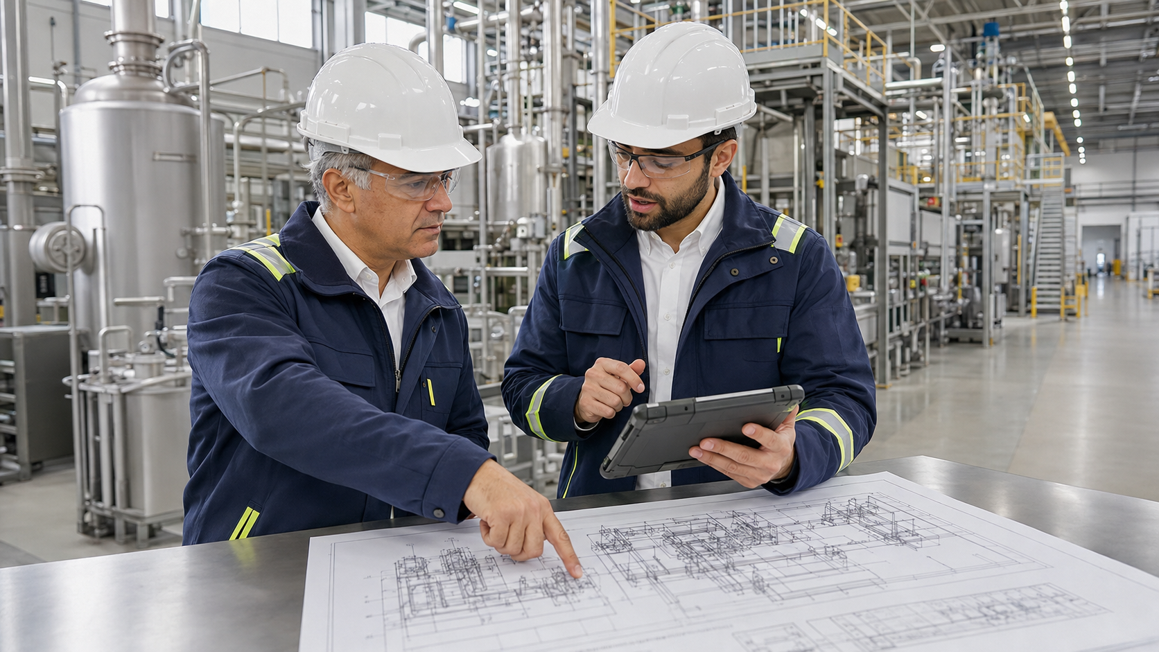 Abi Fini and Sascha Fini reviewing a petrotextile plant layout at an industrial production site